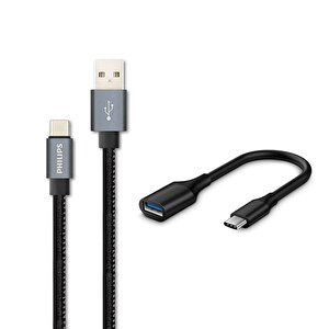 3a 60w Usba To Type-c Deri Kaplama Hızlı Şarj Ve Data Kablosu Siyah + Schitec Type-c To Usba 3.0 Otg Dönüştürücü Adaptör