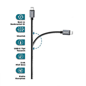 Philips 3a 60w Usba To Type-c Deri Kaplama Hızlı Şarj Ve Data Kablosu Siyah + Schitec Type-c To Usba 3.0 Otg Dönüştürücü Adaptör