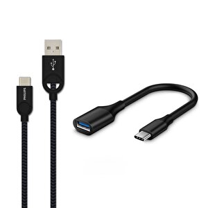 5a 100w Usba To Type-c Örgülü 1.2m Hızlı Şarj Ve Data Kablosu Siyah + Schitec Type-c To Usba 3.1 Otg Dönüştürücü Adaptör