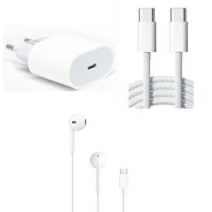 Schitec 3in1 İphone 15 Uyumlu Pd35w Şarj Aleti - 6a 66w Type-c To Type-c Örgülü Kablo - Type-c Earpods Kablolu Kulaklık