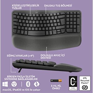 Logitech Wave Keys Kablosuz Bluetooth Dolgulu Avuç İçi Destekli Ergonomik Türkçe Q Klavye, Siyah