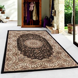 Salon Halısı Klasik Marokan Tarzı Göbek Desenli Halı Bordürlü Siyah Bej 80x150 cm