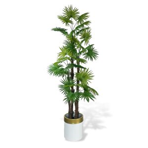 Yapay Ağaç Yelpaze Palmiye 4katlı Fanpalm 32 Yaprak Altın Kemerli Beyaz Saksıda 170*65cm