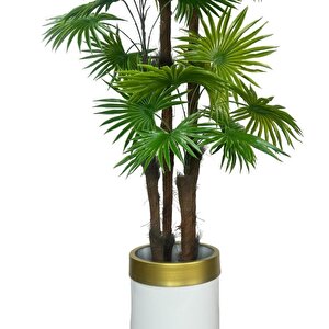 Yapay Ağaç Yelpaze Palmiye 4katlı Fanpalm 32 Yaprak Altın Kemerli Beyaz Saksıda 170*65cm