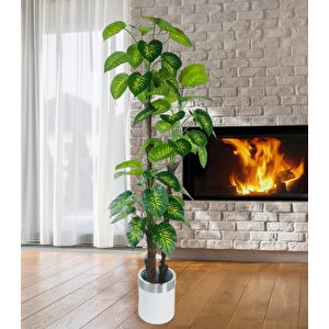 Yapay Çiçek Difenbahya Sarı Yeşil 3katlı 190cm 54yaprak Gümüş Kemerli Beyaz Saksıda Yapay Bitki