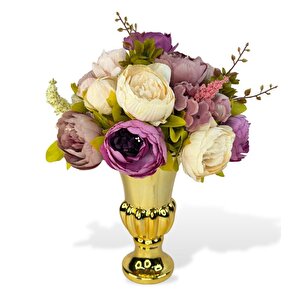 Yapay Çiçek Aranjmanı Mor Pembe Gülkurusu Rengi Gold Cam Vazoda Nişan Çiçeği İsteme Çiçeği
