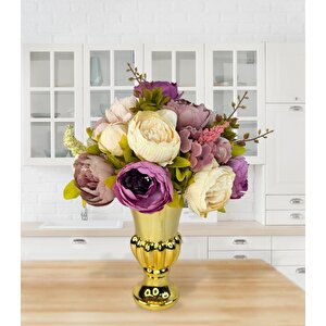 Yapay Çiçek Aranjmanı Mor Pembe Gülkurusu Rengi Gold Cam Vazoda Nişan Çiçeği İsteme Çiçeği