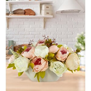 Yapay Çiçek Aranjmanı Gondol Vazoda Pembe Krem Beyaz Tonlarında Marsilya Gülü Şakayık Çiçekleri