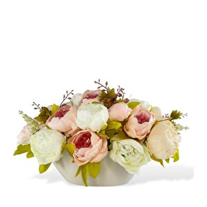 Yapay Çiçek Aranjmanı Gondol Vazoda Pembe Krem Beyaz Tonlarında Marsilya Gülü Şakayık Çiçekleri