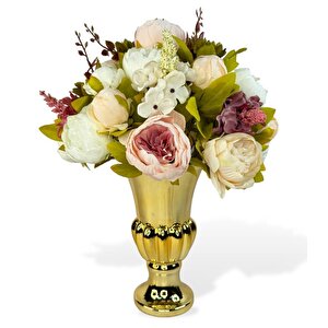 Yapay Çiçek Aranjmanı Pembe Beyaz Krem Rengi Gold Cam Vazoda Nişan Çiçeği İsteme Çiçeği