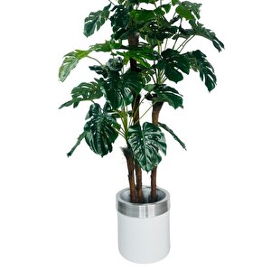 Yapay Çiçek Monstera Yeşil Deve Tabanı 3katlı 135cm 54yaprak Gümüş Kemerli Beyaz Saksıda Yapay Bitki