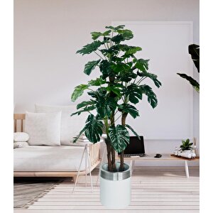 Yapay Çiçek Monstera Yeşil Deve Tabanı 3katlı 135cm 54yaprak Gümüş Kemerli Beyaz Saksıda Yapay Bitki