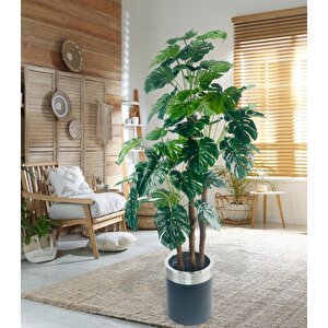 Yapay Çiçek Monstera Yeşil Deve Tabanı 3katlı 135cm 54yaprak Gümüş Kemerli Siyah Saksıda Yapay Bitki