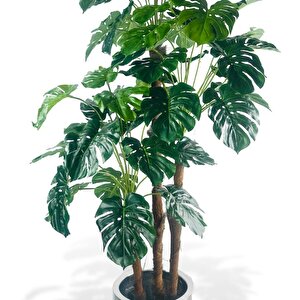 Yapay Çiçek Monstera Yeşil Deve Tabanı 3katlı 135cm 54yaprak Gümüş Kemerli Siyah Saksıda Yapay Bitki