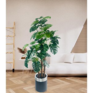 Yapay Çiçek Monstera Yeşil Deve Tabanı 3katlı 135cm 54yaprak Gümüş Kemerli Siyah Saksıda Yapay Bitki