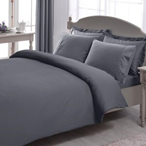 Premium Basic Stripe Çift Kişilik Saten Nevresim Takımı Antrasit