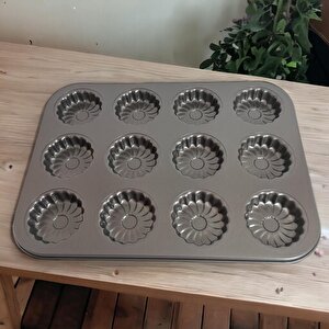 12 Bölmeli Yanmaz Ve Yapışmaz Çiçek Desenli Kek Kapsülü Yapışmaz Mini Tart Kek Kapsülü  35-27 Cm Muffin Ekler Kalıbı