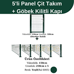 150x250 Cm 5 'li Panel Çit Takım 12.5 Mt + Panel Çit Göbek Kilitli Kapı Avantaj Paketi Yeşil