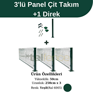 50 Cm 3 'lü Panel Çit Takım Çift Telli + 1 Direk Avantaj Paketi 7,5 Metre Yeşil