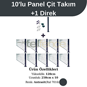 120x250 Cm 10'lu Panel Çit Takım Çift Telli + 1 Direk Avantaj Paketi 25 Metre Antrasit