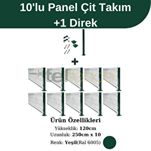 120x250 Cm 10'lu Panel Çit Takım Çift Telli + 1 Direk Avantaj Paketi 25 Metre Yeşil