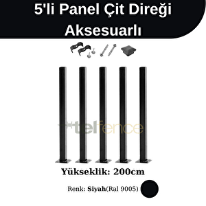 200 Cm Panel Çit Direği Aksesuarlı 5 Adet Siyah