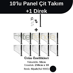 50x250 Cm 10'lu Panel Çit Takım Çift Telli + 1 Direk Avantaj Paketi 25 Metre Siyah