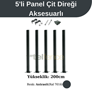 200 Cm Panel Çit Direği Aksesuarlı 5 Adet Antrasit