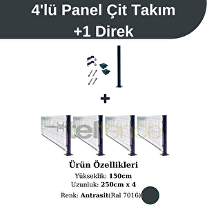 150x250 Cm 4 'lü Panel Çit Takım Çift Telli + 1 Direk Avantaj Paketi 10 Metre Antrasit