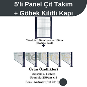 120x250 Cm 5 'li Panel Çit Takım 12.5 Mt + Panel Çit Göbek Kilitli Kapı Avantaj Paketi Antrasit