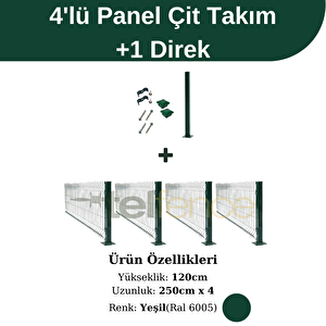 120x250 Cm 4 'lü Panel Çit Takım Çift Telli + 1 Direk Avantaj Paketi 10 Metre Yeşil