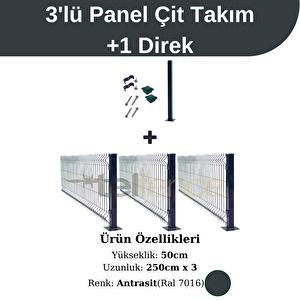 50 Cm 3 'lü Panel Çit Takım Çift Telli + 1 Direk Avantaj Paketi 7,5 Metre Antrasit