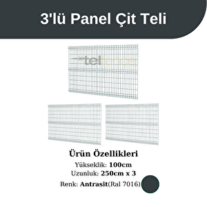 100 Cm 3 'lü Panel Çit Teli Çift Telli Avantaj Paketi 7,5 Metre Antrasit