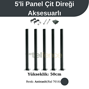 50 Cm Panel Çit Direği Aksesuarlı 5 Adet Antrasit