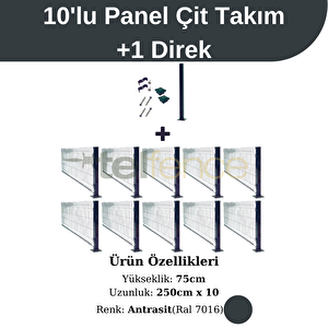 75x250 Cm 10'lu Panel Çit Takım Çift Telli + 1 Direk Avantaj Paketi 25 Metre Antrasit