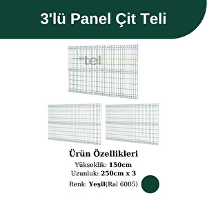150 Cm 3 'lü Panel Çit Teli Çift Telli Avantaj Paketi 7,5 Metre Yeşil