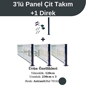 120 Cm 3 'lü Panel Çit Takım Çift Telli + 1 Direk Avantaj Paketi 7,5 Metre Antrasit