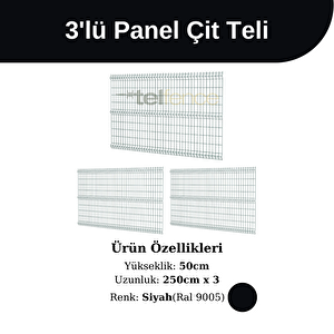 50 Cm 3 'lü Panel Çit Teli Çift Telli Avantaj Paketi 7,5 Metre Siyah