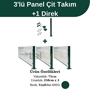 75 Cm 3 'lü Panel Çit Takım Çift Telli + 1 Direk Avantaj Paketi 7,5 Metre Yeşil