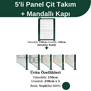 150x250 Cm 5 'li Panel Çit Takım 12.5 Mt + Panel Çit Mandallı Kapı Avantaj Paketi Yeşil