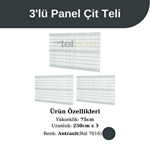 75 Cm 3 'lü Panel Çit Teli Çift Telli Avantaj Paketi 7,5 Metre Antrasit