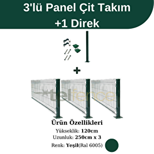 120 Cm 3 'lü Panel Çit Takım Çift Telli + 1 Direk Avantaj Paketi 7,5 Metre Yeşil