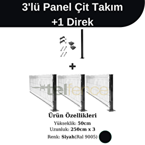 50 Cm 3 'lü Panel Çit Takım Çift Telli + 1 Direk Avantaj Paketi 7,5 Metre Siyah