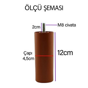 Silindir Destek Ayağı 12 Cm Kahverengi Gizli Mobilya Kanepe Baza Koltuk Ayakları Metrik 8 Civatalı İnce Diş
