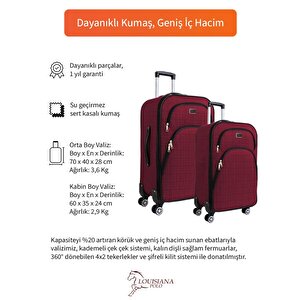 Orta Ve Kabin Boy Valiz Seti 4 Teker Kumaş Valiz Bordo 1081