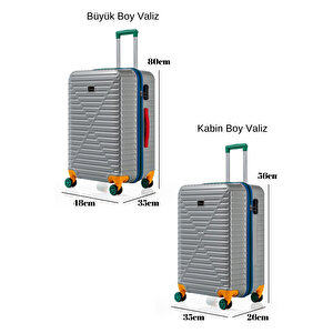 Büyük Ve Kabin Boy 2'li Valiz Seti %100 Polikarbon Valiz 4x2 Teker Gri 1088