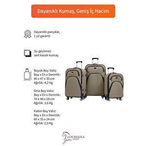 3'lü Valiz Seti 4 Teker Kumaş Valiz Bej 1081