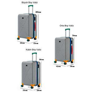 3'lü Valiz Seti %100 Polikarbon Valiz 4x2 Teker Gri 1088