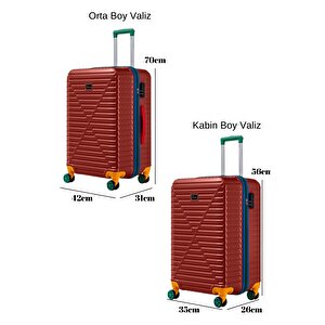 Orta Ve Kabin Boy 2'li Valiz Seti %100 Polikarbon Valiz 4x2 Teker Bordo 1088