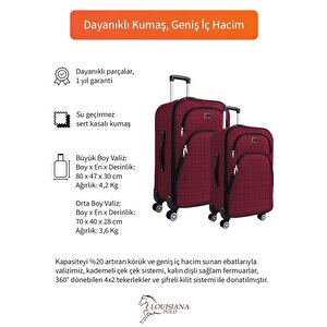 Büyük Ve Orta Boy Valiz Seti 4 Teker Kumaş Valiz Bordo 1081